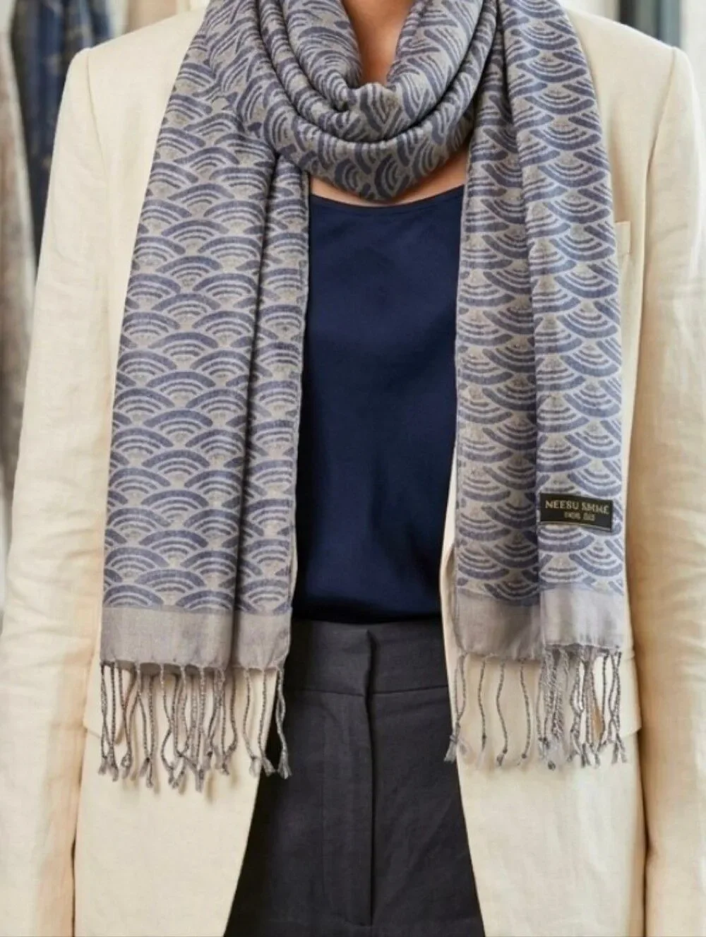 Neeru Kumar 100% Silk Wave Print Scarf Wrap Shawl Blue Cream 21